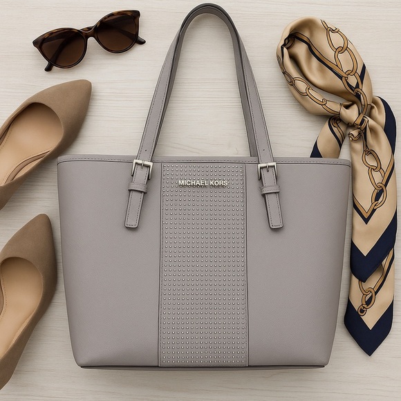 Michael Kors Grey Studded Saffiano Leather Tote - Picture 1 of 7